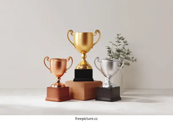 Three Trophy Awards on Wooden Pedestals