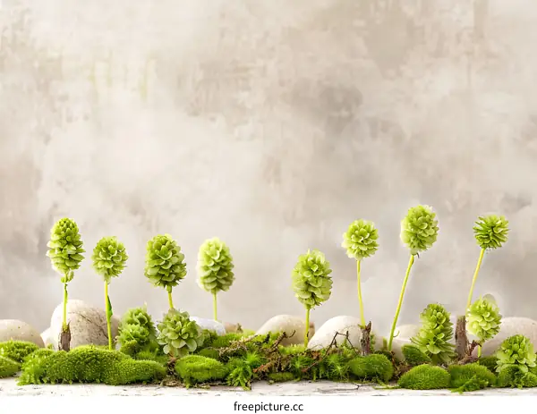 Green Flowers With Moss and Stones on White Wooden Table