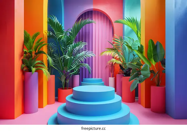 Blue podium with pink backdrop and colorful background