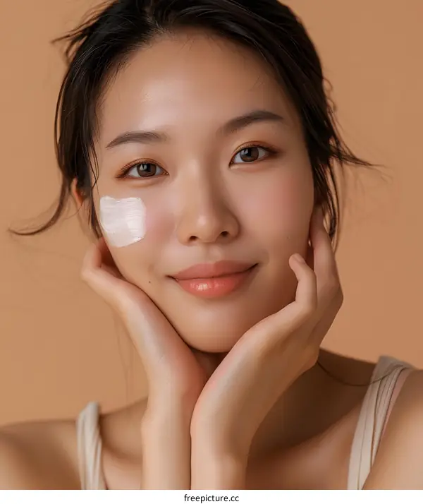 Beautiful Asian Woman Applying Face Cream Skincare Beauty