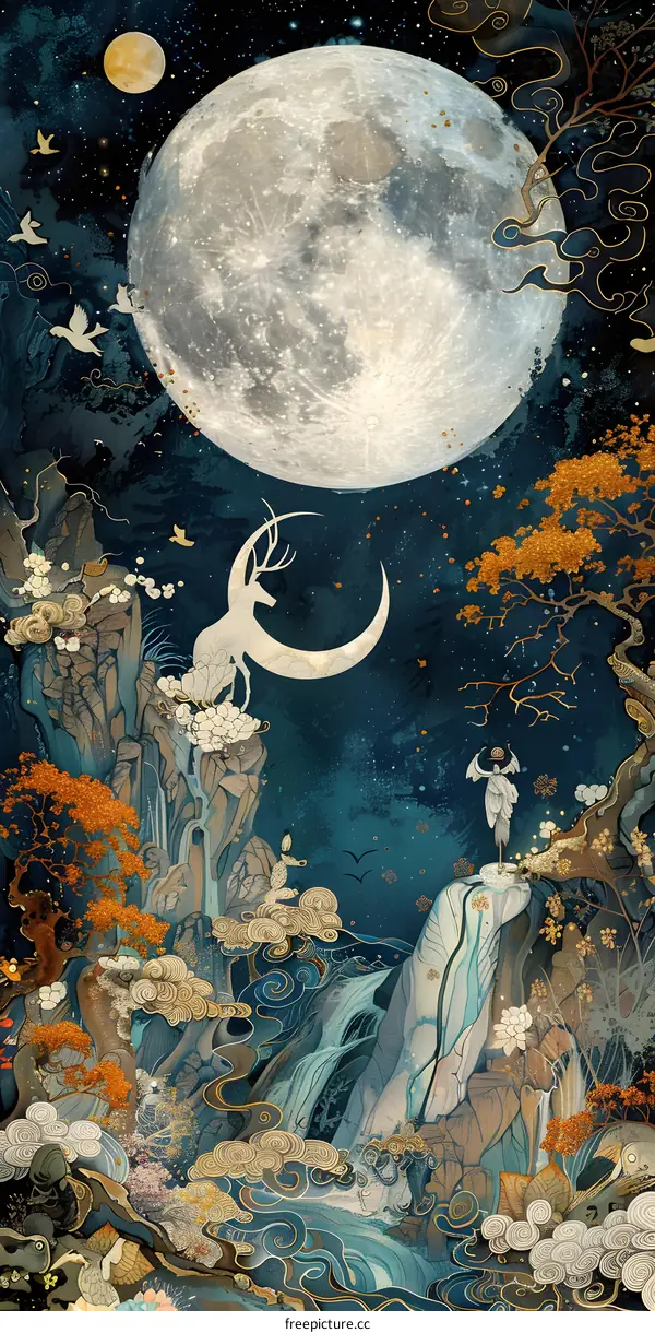 Moonlit Landscape with Deer and Birds
