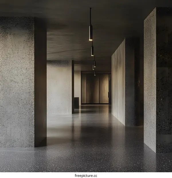 Modern Concrete Hallway with Suspended Lights