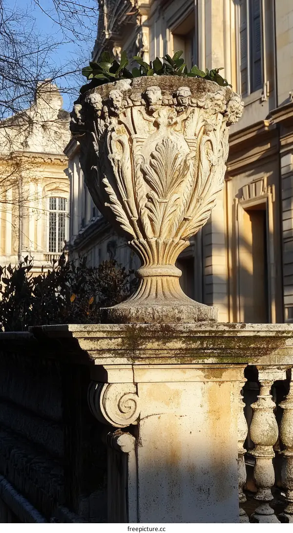 Ornate Stone Urn Ornamentation on Balcony Railing