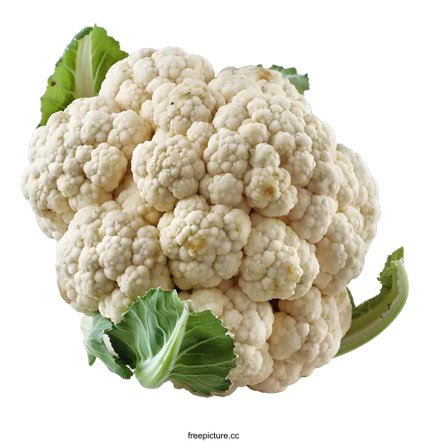 [Transparent Background PNG]Fresh Cauliflower with Green Leaves Isolated on White Background