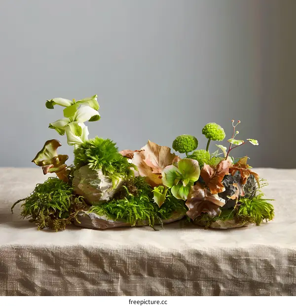 Green Floral Arrangement with Moss and Stone on Linen Fabric