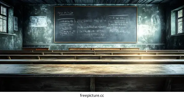 Old Empty Classroom With Chalkboard And Wooden Desks