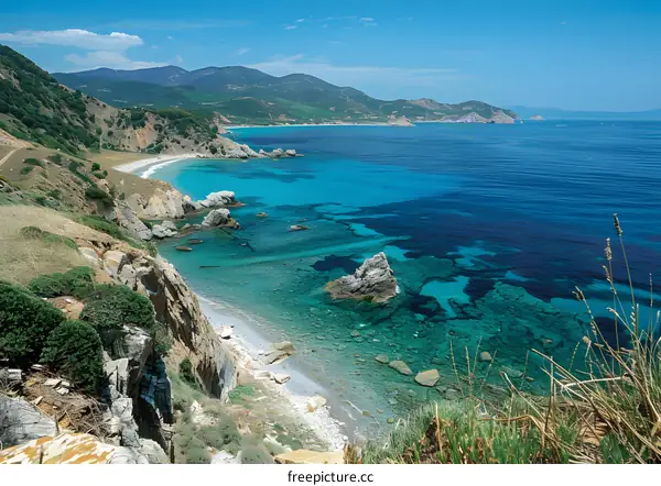 Scenic view of the turquoise Mediterranean Sea and a rocky coastline