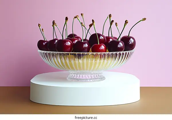 Fresh Cherries in a Glass Bowl on a Display Stand