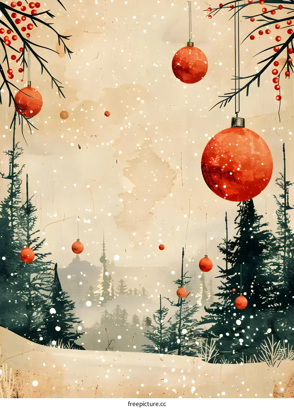 vintage christmas background with fir trees and red balls