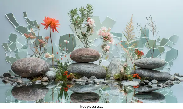 Still life with stones, water and plants