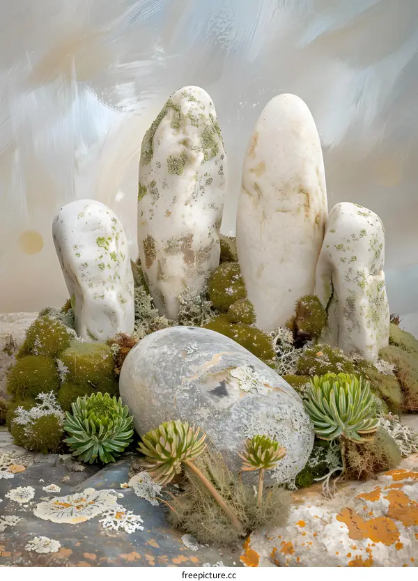 White Stones on a Bed of Moss and Succulents