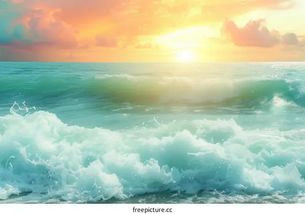 The sun sets over the ocean, casting a golden glow on the waves.