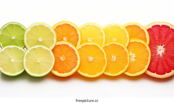 Various citrus fruits are arranged in a row on a white background