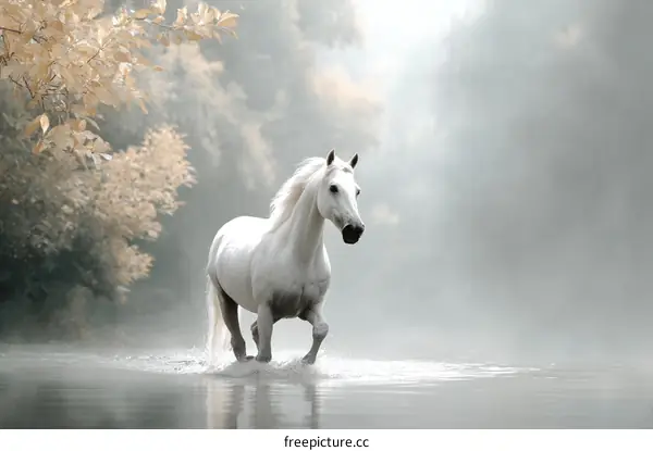Majestic White Horse in Misty River Landscape