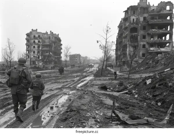 Two American soldiers walk through a destroyed city during World War II