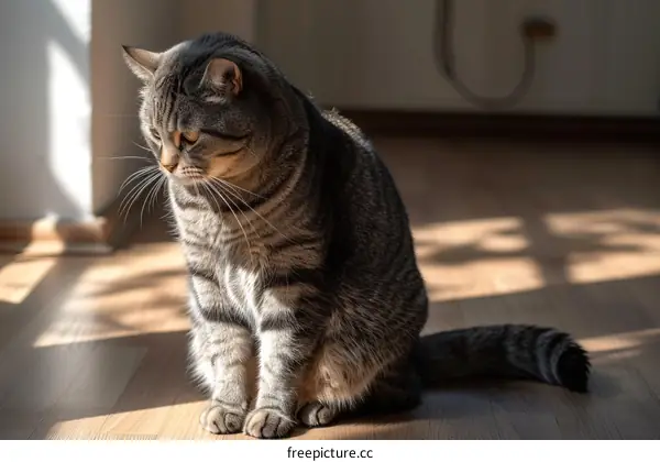 A cute tabby cat is sitting on the wooden floor in the sunlight