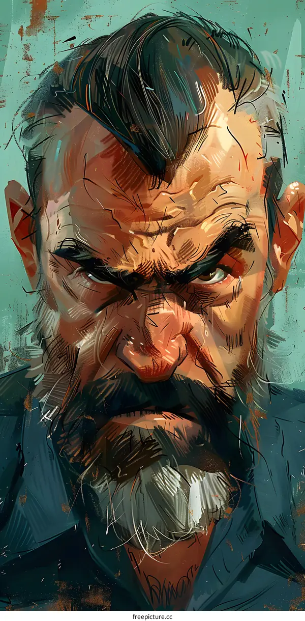 A digital painting of a man with a beard and a stern expression.