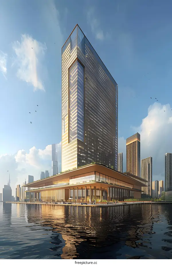 Modern Glass Skyscraper Building Design with Water Reflection