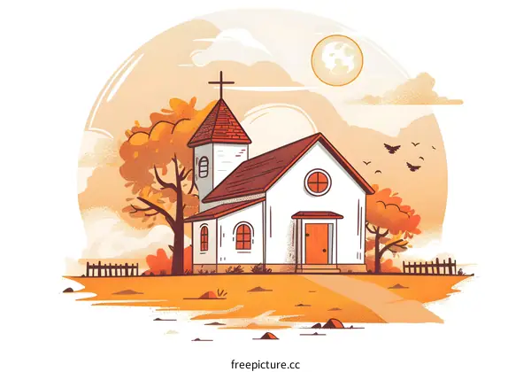 Church Illustration Autumn Landscape White Building