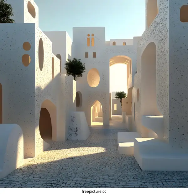 White Architectural Design with Circular Windows and Arched Doorways
