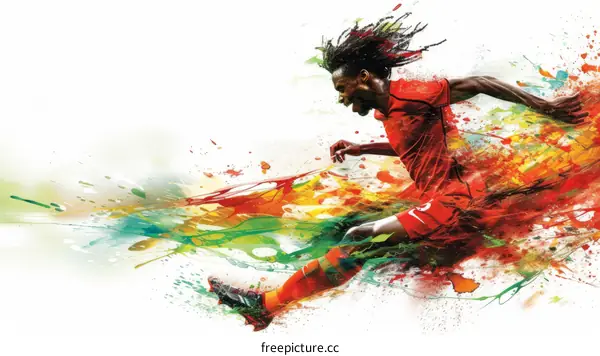 A soccer player kicks a ball in a vibrant burst of color