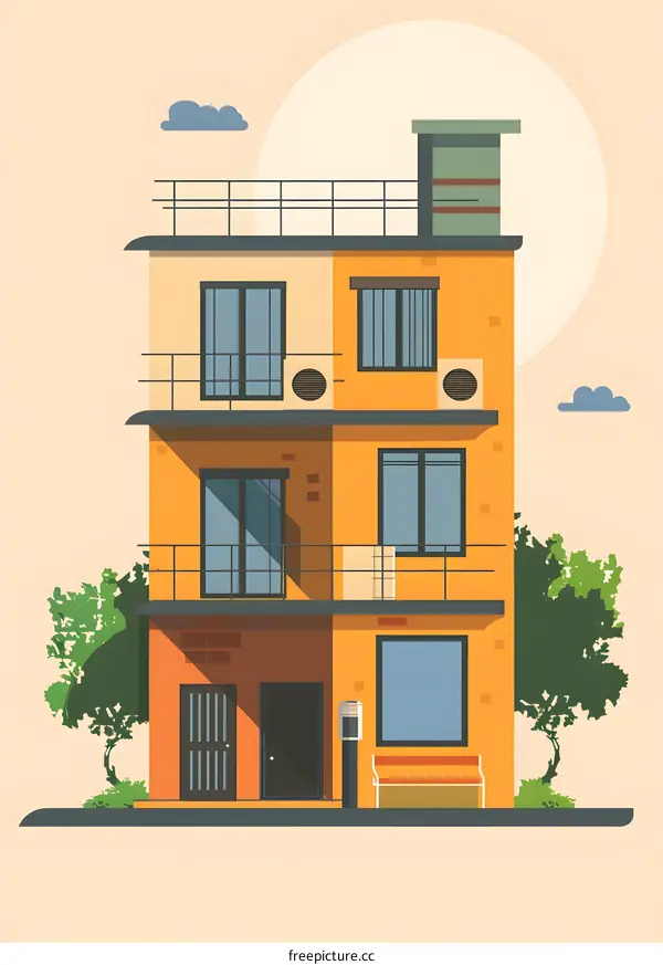 Modern Building Illustration With Balcony And Windows
