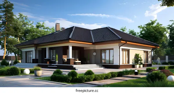 Modern House Design with Black Roof and Lush Green Grass