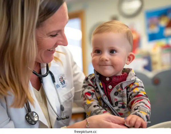 Pediatrician examining a smiling baby