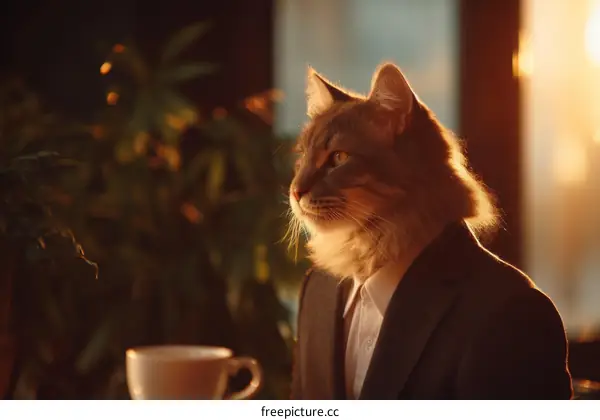 Cat Wearing Business Suit in Cafe