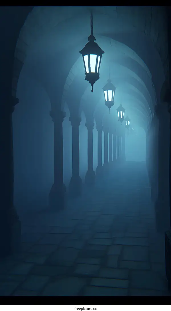 Dark and Mysterious Hallway with Lanterns