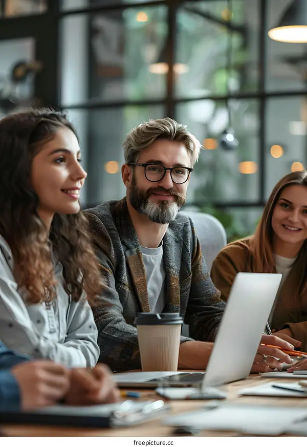 A group of business professionals having a meeting in an office