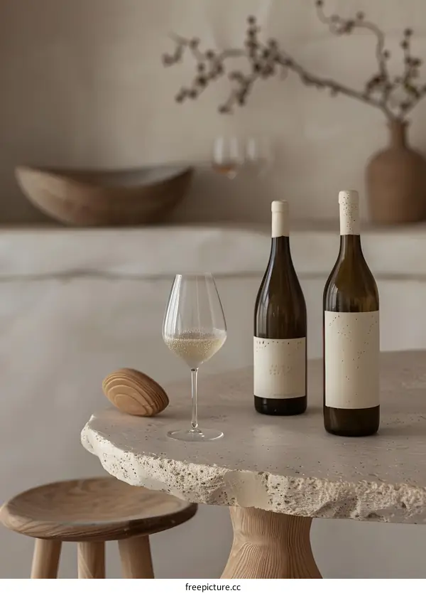 Glass of White Wine on a Rustic Table with Bottles