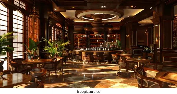 Luxury Bar Interior Design with Dark Wood and Tropical Plants