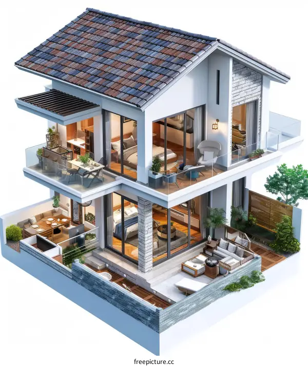 3D rendering of a two-story house with a modern design