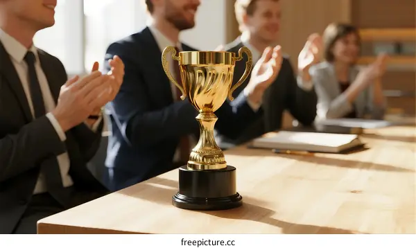 Business Team Celebrating Achievement with Golden Trophy