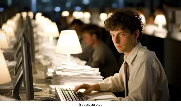 A young man works late in an office.