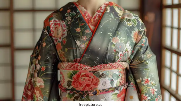 A woman wearing a kimono with floral patterns