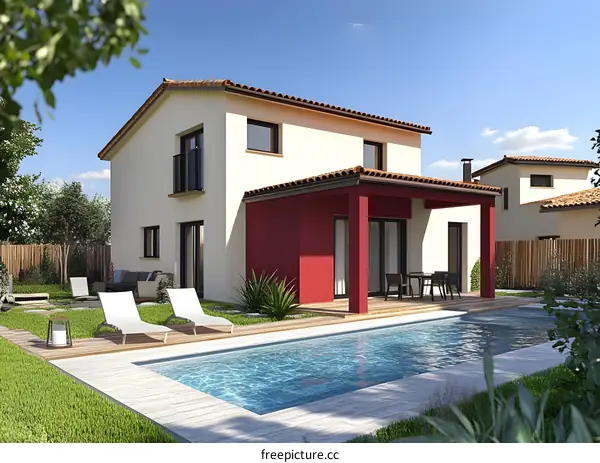 Modern Two Story Home with Swimming Pool and Yard