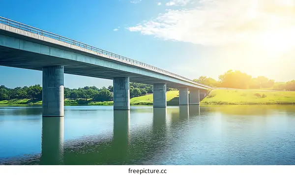 Concrete Highway Bridge Over Calm River