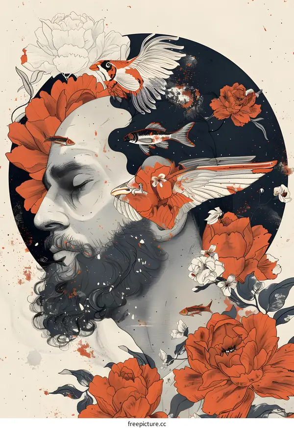 Man with Flowers and Fish in His Hair