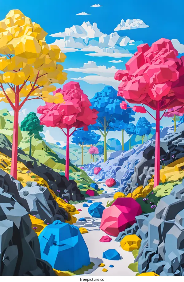 Colorful Abstract Nature Landscape With Geometric Trees