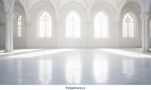 Bright White Hall with Arch Windows and Polished Marble Floor