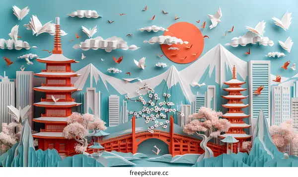 Japanese city paper cut illustration