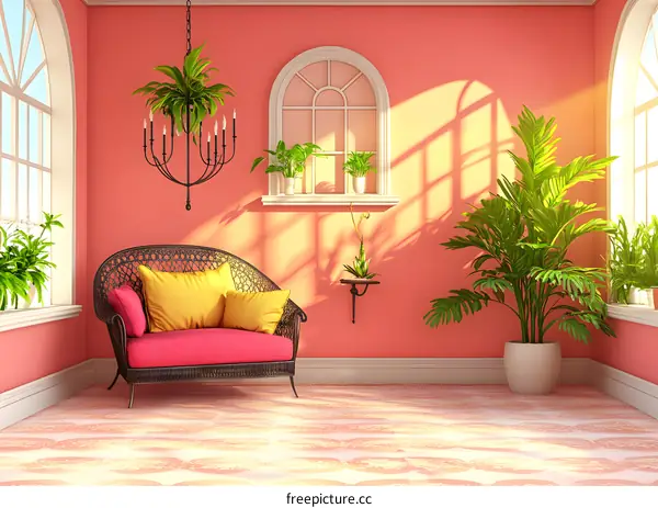 Living Room Interior Design With Pink Wall and Wicker Sofa