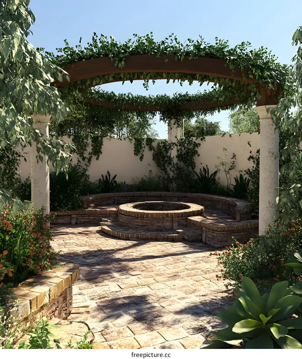 Stone Patio With  Fire Pit and Arbor