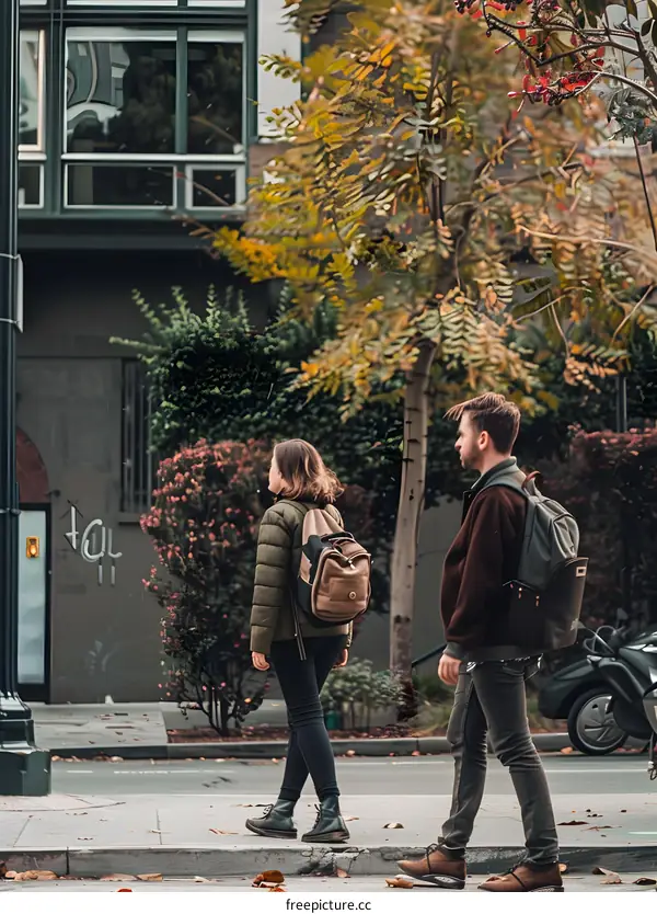 Couple Walking on the Street with Backpacks in the City