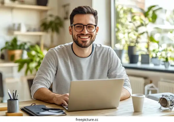 Smiling Man Working on Laptop in Home Office