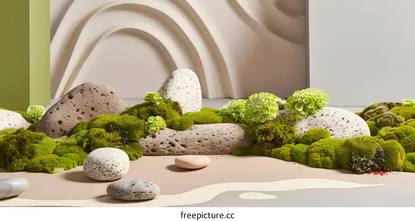 Green Moss Stones and Flowers in Minimalist Setting