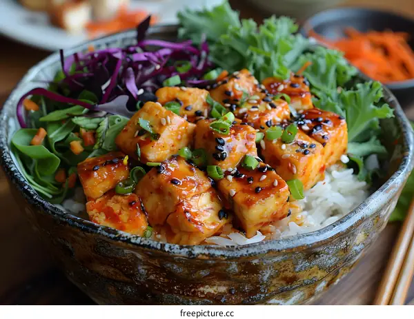 A bowl of food with tofu, vegetables, and rice