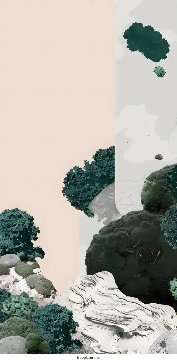 Abstract Minimalist Art with Green Plants and White Rock Formation